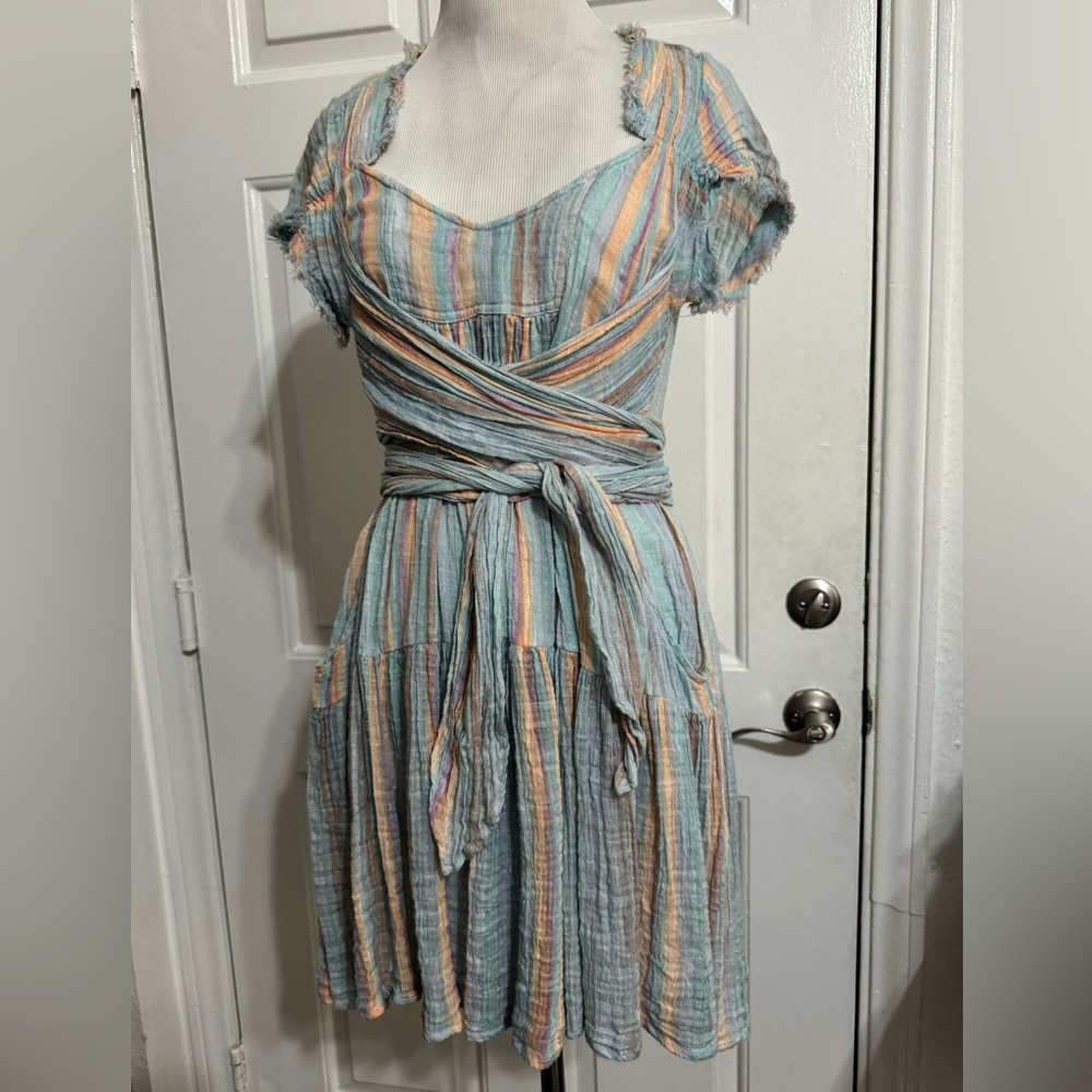 FREE PEOPLE watercolor tie-waist dress in blue/purple/beige/green size XS.